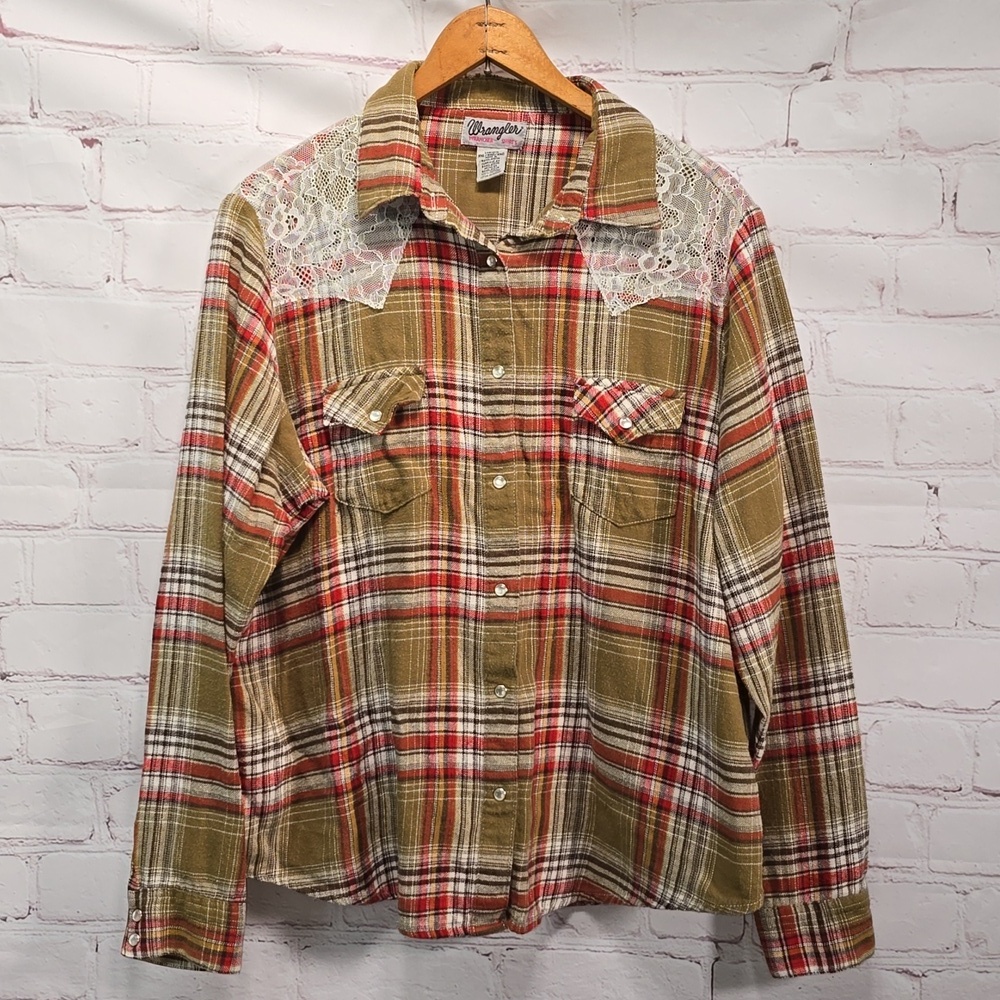 Vintage Wrangler Wrancher Lace Long Sleeve Pearl Snap Button Down Women Size XXL